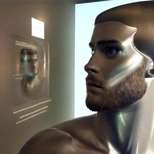 Image similar to “ a realistic detailed photo of a guy who is an attractive humanoid who is half robot and half humanoid, who is a male android, actor liam hemsworth, shiny skin, posing like a statue, blank stare, at the museum, on display ”