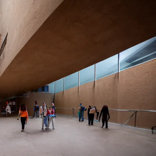 Prompt: indoor photo of a complex cultural building made of totemic rammed earth, people walking