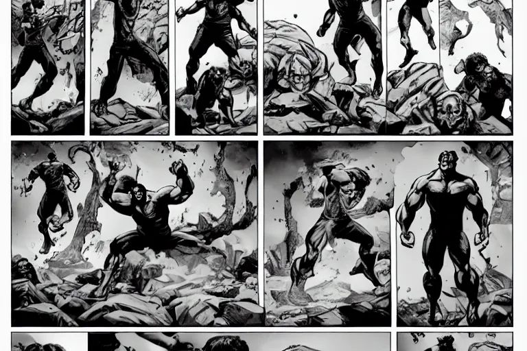 Image similar to hulking out, hulkout, turning into the hulk, comic sequence, sequential art, dynamic posing, cinematic, action, motion