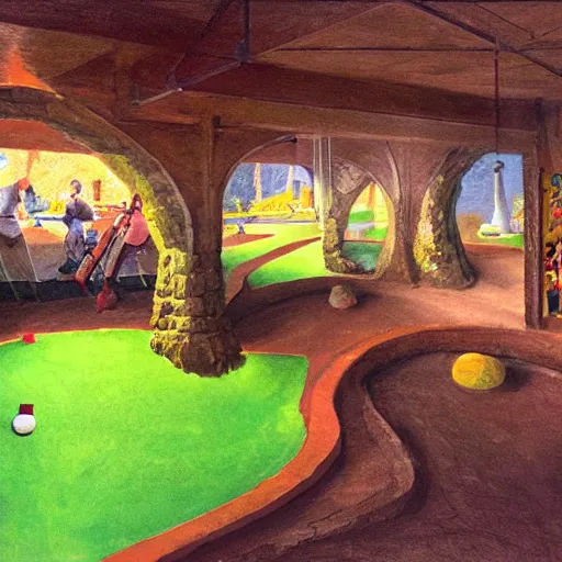 Image similar to mini - golf course in a museum, painting, gouache, james gurney, light, game design, concept art, illustration