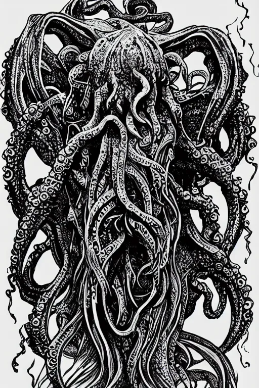 Image similar to cthulhu rising from the water, movie poster, black ink on paper, trending on artstation, beautiful, intricate, detailed