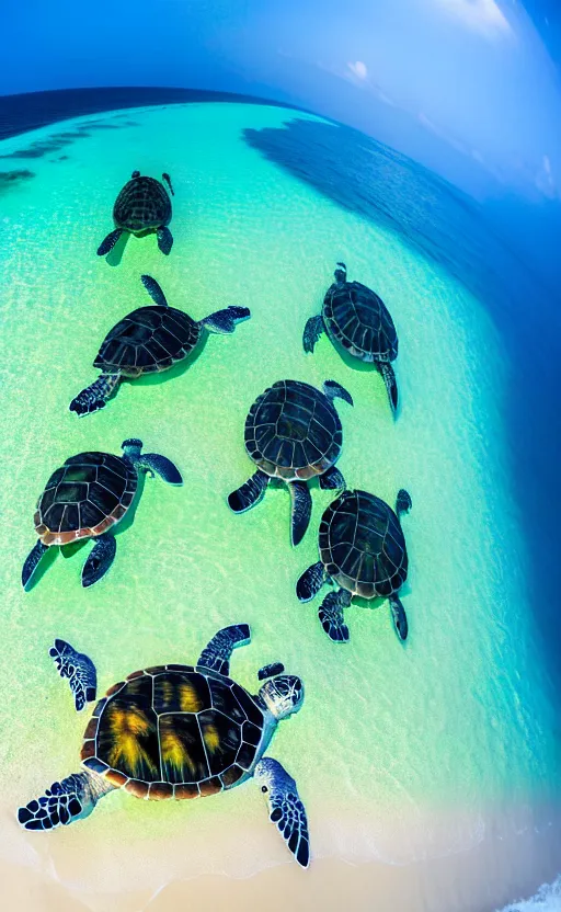 Prompt: lots of sea turtles swimming in the ocean, wide angle shot by greg rutkowski