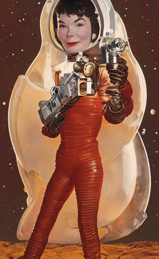 Prompt: upper body portrait of bjork holding a retro ray gun and wearing a huge leather spacesuit on Mars by norman rockwell and mandy jurgens and john singer sargent