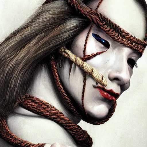 Image similar to portrait of a Shibari rope wrapped face and neck, headshot, insanely nice professional hair style, dramatic hair color, digital painting, of a old 15th century, old cyborg merchant, amber jewels, baroque, ornate clothing, scifi, realistic, hyperdetailed, chiaroscuro, concept art, art by Franz Hals and Jon Foster and Ayami Kojima and Amano and Karol Bak,