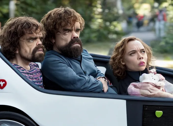 Image similar to peter dinklage and scarlett johannson driving a little tikes cozy coupe, movie still, from the new black widow movie, 8 k, realistic