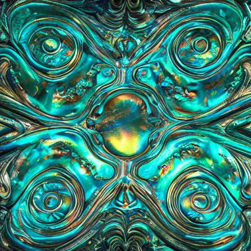 Image similar to Art Nouveau cresting oil slick waves, hyperdetailed bubbles in a shiny iridescent oil slick wave, ornate copper patina medieval ornament, rococo, baroque spirals, octane render