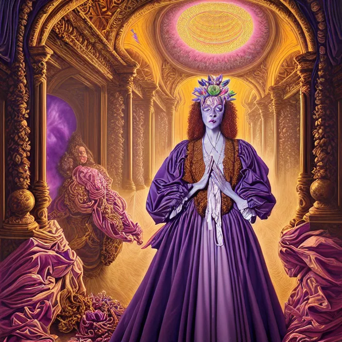 Image similar to beautiful oil painting, full length portrait of dauphinois in baroque coronation robes 1701, Dan Mumford, Dan Mumford, Alex grey, hyacinthe rigaurd, highly detailed , lsd visuals, dmt fractal patterns, hallucinogen, visionary art, psychedelic art, ornate, vaporwave, baroque, Greg rutkowski