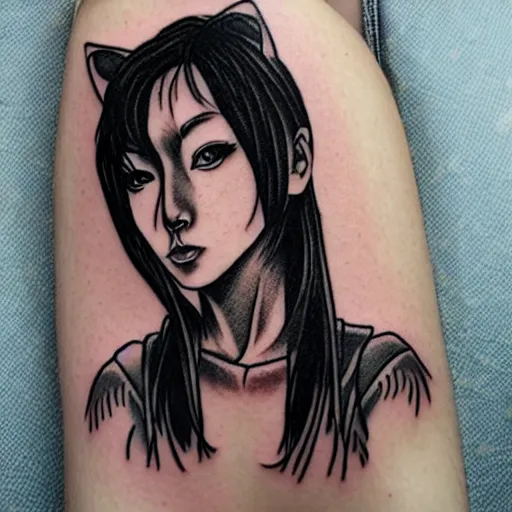 Prompt: tattoo design, stencil, portrait of a post apocalyptic japanese girl, artgerm, cat girl