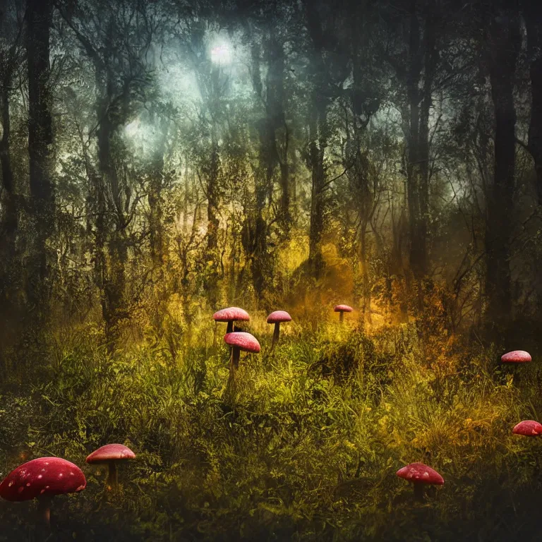 Image similar to a planet of various fungus like trees, mushrooms, flowers and plants, artistic photography, conceptual, long exposure outside the city, volumetric light