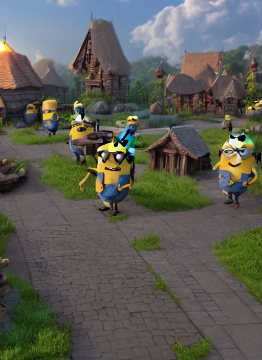 Prompt: king minion bob conquering anchient village with his minion army in pixar style, fantasy village, smooth render, unreal engine 5, high - quality