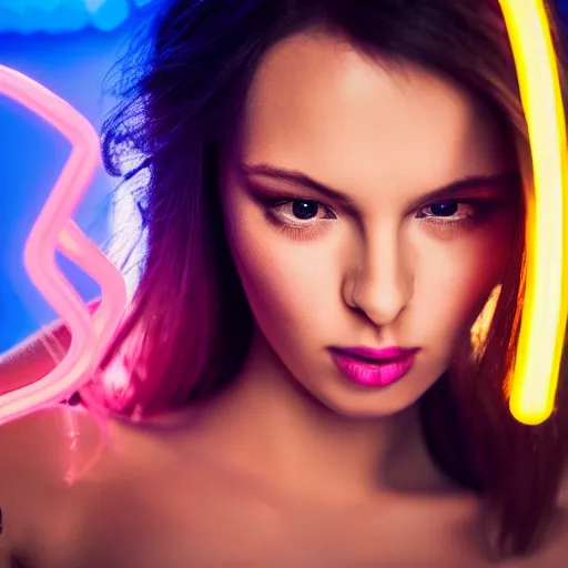 Prompt: beautiful woman, hands on her face posing for the camera, neon lighting, closeup!!!!!!, macro!!!!!!, 3 5 mm!!!!!! lens, comprehensive art, neon!!!!!! atmosphere, intricately detailed, indistinguishably unique, 4 k, 8 k, detailed facial features