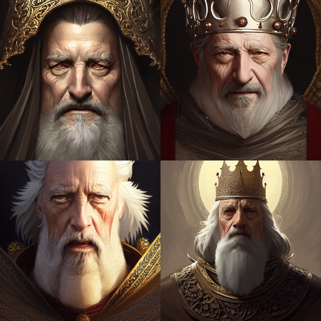 Prompt: portrait of a medieval old king, intricate, elegant, highly detailed, digital painting, artstation, concept art, smooth, sharp focus, illustration, art by artgerm and greg rutkowski and studio ghibli, 8 k