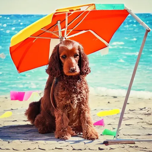 Prompt: cute brown spaniel by the seaside, parasols, bright towels, geometric, pop, bright, artwork