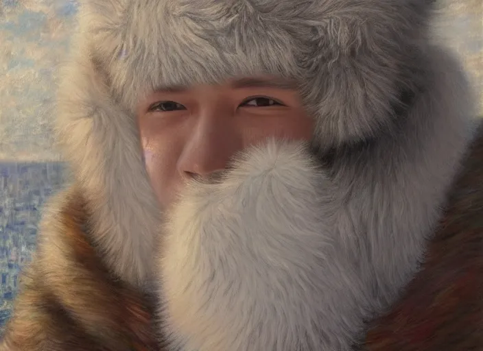 Image similar to man with face made out of white fur, exterior airport, portrait face, in the style of jeremy enecio, intricate, miles johnston, monet, cynical realism, john william godward, painterly, yoshitaka amano, miles johnston, louise zhang, pekka halonen, finnish naturalism, realism