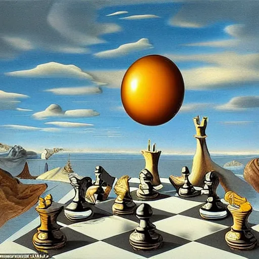 Image similar to a melting fried egg on a chessboard in a surreal landscape, surrealism, by Salvador Dali, intricate, complex, highly detailed, masterpiece