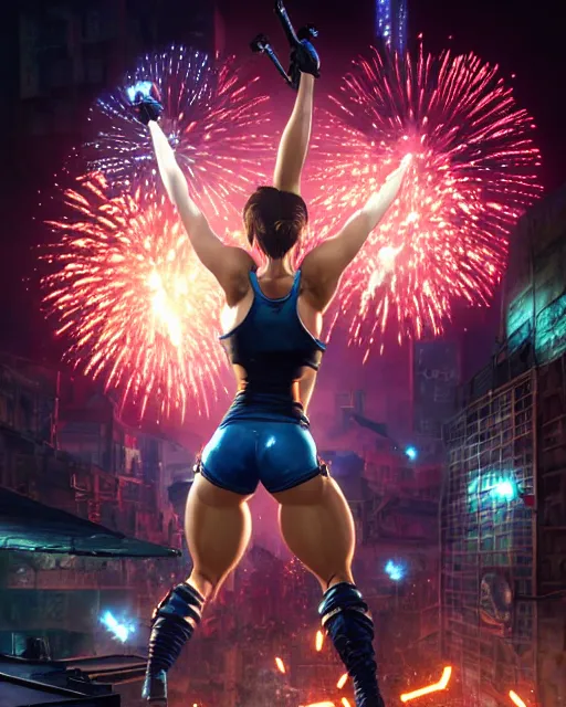 Image similar to gigachad jill valentine bodybuilder jumping in front of a fireworks show fighting in racoon city, fantasy character portrait, ultra realistic, anime key visual, full body concept art, intricate details, highly detailed by greg rutkowski, ilya kuvshinov, gaston bussiere, craig mullins, simon bisley