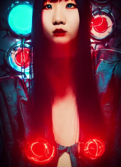 Image similar to asian goth in shinjuku, dark dress, cyberpunk, fashion, biomech, red and turquoise lights, black - red - turquoise - lips, conceptart, highlights, symmetrical, portrait, pretty face, octane, unreal, realism