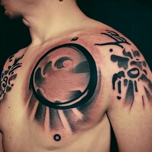 Image similar to tattoo on a man’s arm of Gojo Saturn from jiujitsu Kaisen laughing with a sun behind him
