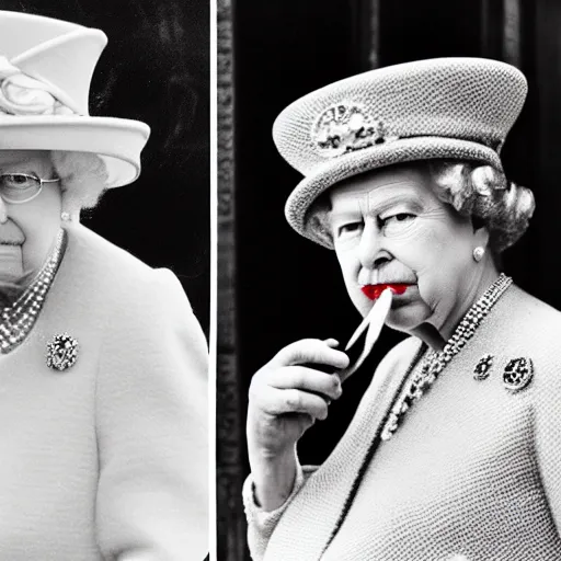 Prompt: queen elizabeth of england smoking a fat cigar like winston churchill