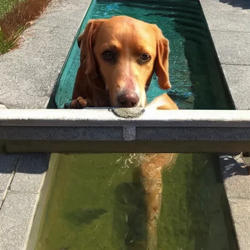 Prompt: an extremely filthy dirty pool, and a cute dog head.