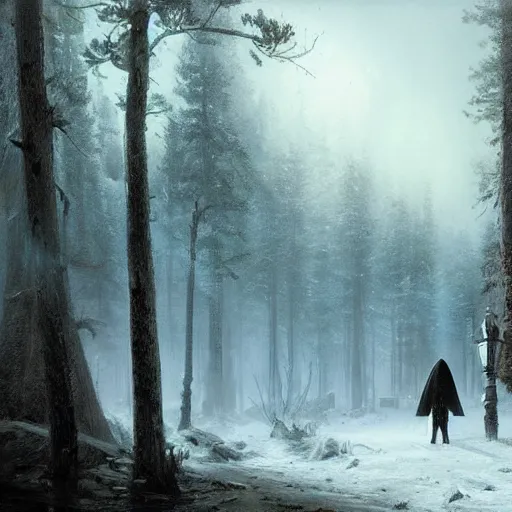 Image similar to a hooded figure carrying a torch approaches an abandoned tavern on a moonlit night, Ivan Shishkin and Greg Rutkowski