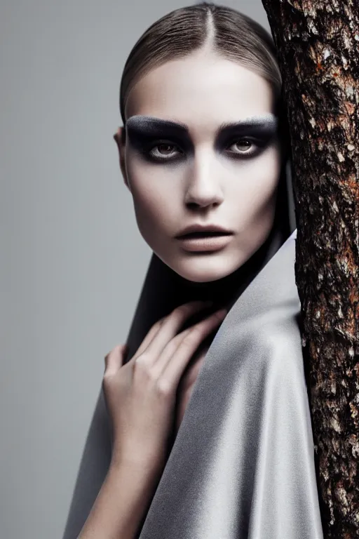 Prompt: A still frame of a girl wearing grey cape featured in Vogue and GQ editorial fashion photography, beautiful eye, symmetry face, haute couture dressed by Givenchy and Salvatore Ferragamo, Canon EF 85mm f/1.4L IS USM, in porcelain and metal and lush branch, Long shot, wide shot, full shot, tilted frame, 35°