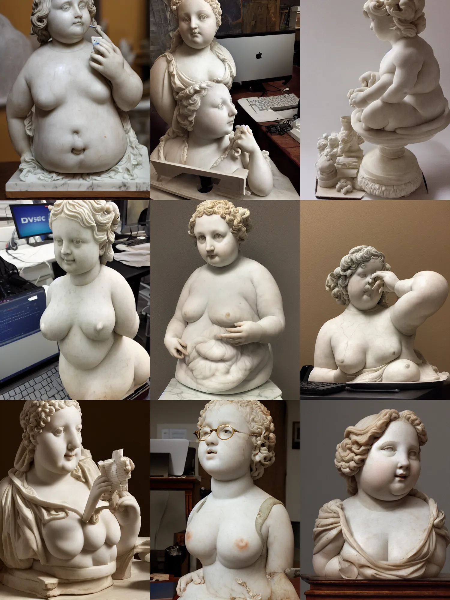 Prompt: a renaissance marble sculpture of one chubby girl with glasses typing in front of a desktop pc