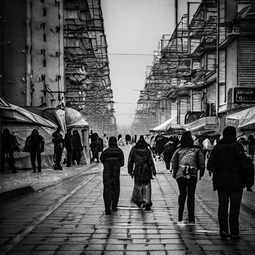 Image similar to Street photo in a crowded future city on Moon, Neo Norilsk, sci-fi, 17mm, intricate, very very beautiful, elegant, highly detailed, smooth, sharp focus, by Evgeny Zubkov, by Marat Zakirov, trending on Artstation, behance