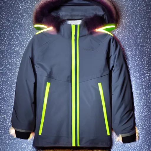 Image similar to autumn season jacket with led skin and fluffy lining, product shot, dark background, neon lighting