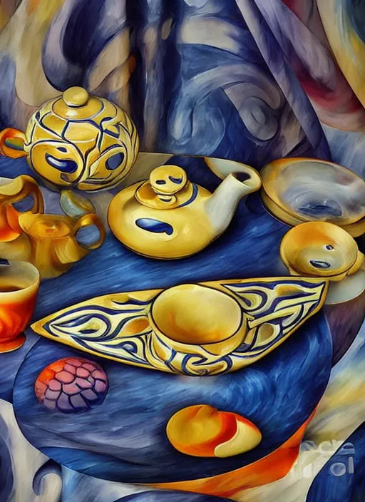 Image similar to Escher inspired teapot, designed by Rene Lalique, studio photography on a Leonid Afremov tablecloth, breakfast