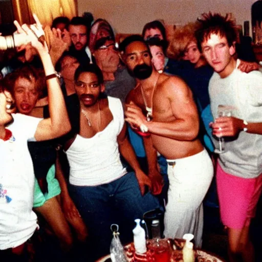 Prompt: photo of a small party with people partying in the early 1990's. 2pac can be seen in the background.