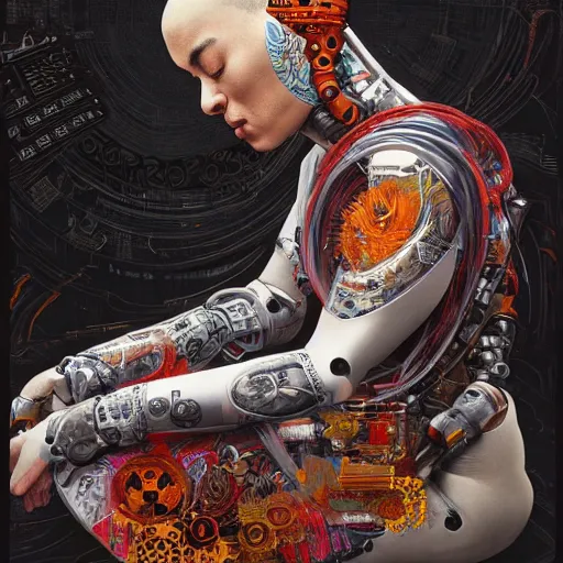 Prompt: robotic monk in a lotus position, wearing a flowing kimono and tattoos, computer hardware, 8 k, by tristan eaton, stanley artgermm, tom bagshaw, greg rutkowski, carne griffiths, ayami kojima, beksinski, giger, trending on deviantart, hyper detailed, cybernetic, full of colour, brain