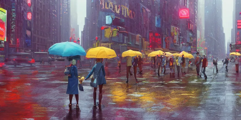 Image similar to a film still of a street scene on a rainy but colourful day in new york. wide shot, wes anderson, studio ghibli, pixar and disney animation, sharp, rendered in unreal engine 5, anime key art by greg rutkowski, bloom, dramatic lighting