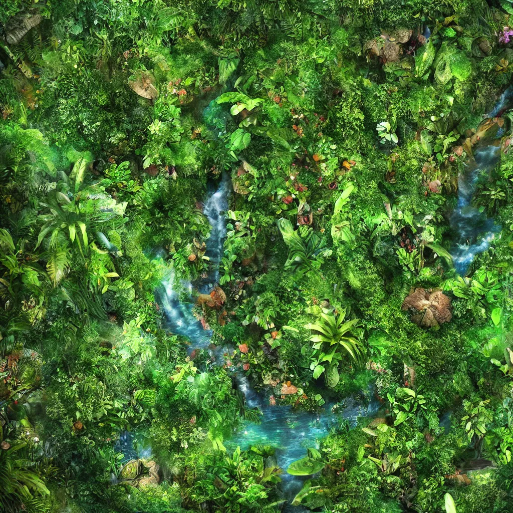 Image similar to a jungle garden in amazon, detailed dreamscape, hyperreal phantastic, drone shot, intricate details in environment, golden ratio, high aestehtic, waterfalls and lakes, cinematic light dramatic light, lightrays, in the style of terrence mallick cinematography, trending on artstation