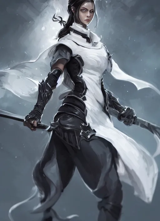 Image similar to a highly detailed illustration of fierce messy ponytail black haired one armed delinquent woman wearing uniform cap wearing long white coat cape, dramatic wielding sword pose, muscular, intricate, elegant, highly detailed, centered, digital painting, artstation, concept art, smooth, sharp focus, league of legends concept art, wlop.