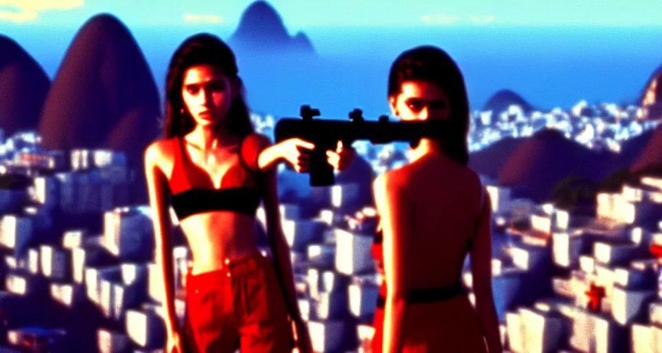 Prompt: 1 9 8 6 movie screencap of a girl with a gun on a rio de janeiro, gucci clothes, sparkes sky, beautiful favela background extremely utra high quality artwork 8 k