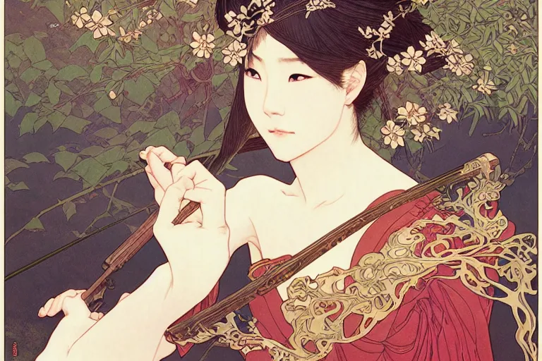 Image similar to beautiful cinematic fantasy poster, asian woman side view using a bokken in forest ; intricate complexity, by shigenori soejima, krenz cushart, alphonse mucha, takato yamamoto, conrad roset, 4 k, beautiful, high quality - h 9 6 0