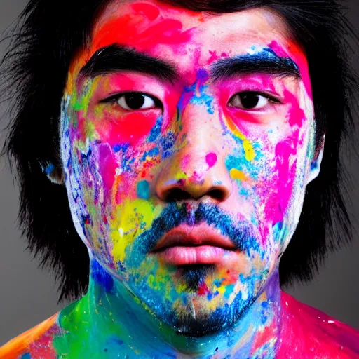 Prompt: a portrait of abstract asian guy's face with full of paint on the face