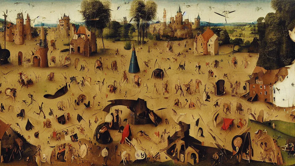 Image similar to a drone attack to innocent villager, in the fashion of Hieronymus Bosch, oil on canvas, painting, 4k, wide shot