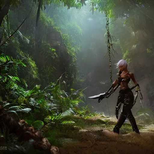 Image similar to realistic final fantasy character walking through a jungle, atmosperic, dramatic lighting, trending on artstation, ark survival evolved