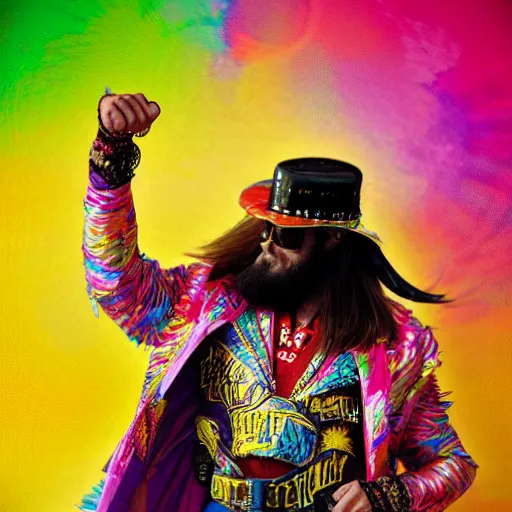 Prompt: macho man randy savage in multicolored outfit, jacket with tassels, screaming into the air, greg rutkowski, trending on artstation
