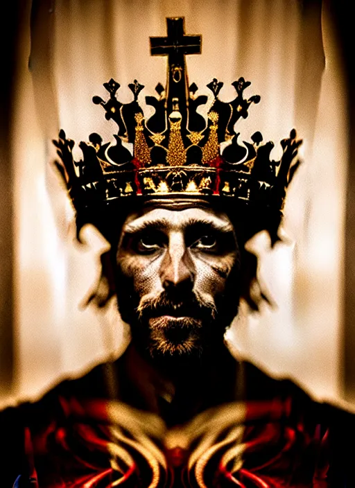 Image similar to 'Portrait of Crowned King Arthur' by Lee Jeffries royally decorated, whirling plasma, atmospheric motes, red and gold Sumptuous garb, gilt silk fabric, radiant colors, fantasy, perfect lighting, studio lit, micro details,
