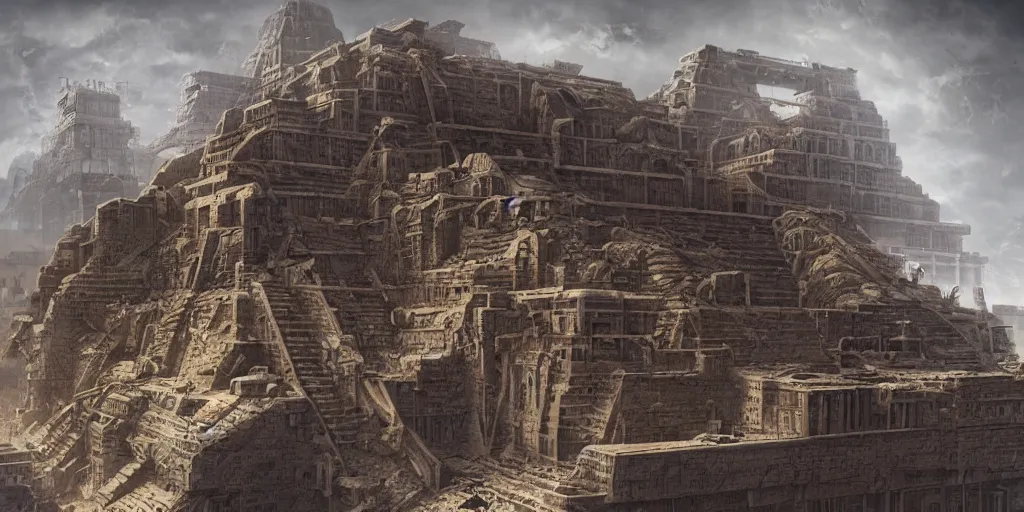 Prompt: babylonian ziggurat, dieselpunk, scifi, futuristic, highly detailed, digital matte painting, artstation, concept art, sharp focus, illustration