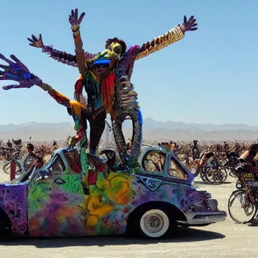 Prompt: aliens dancing on a art car at burningman