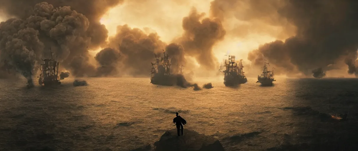 Prompt: a pirate standing on his ship watching big explosions on the sea, beautiful dramatic moody lighting, cinematic atmosphere, high detail, 8k, ornate, dark fantasy, masterpiece, complex, film still from the movie directed by Denis Villeneuve with art direction by Gregory Crewdson, Joel Sternfeld