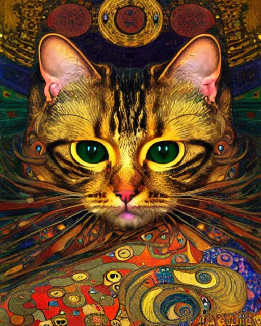 Prompt: demonic cat portrait an oil painting splashes with many colors and shapes by gustav klimt greg rutkowski and alphonse mucha, polycount, generative art, psychedelic, fractalism, glitch art