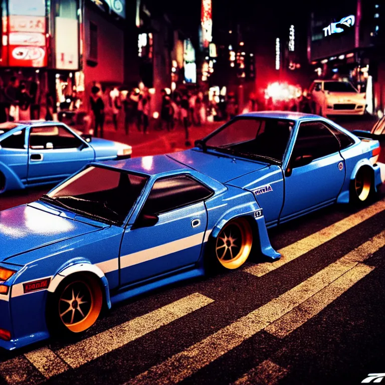 Prompt: a car Toyota Celica turbo illegal street meet, detailed-wheels, Shibuya Shibuya, cinematic colors, photorealistic, highly detailed, night photography