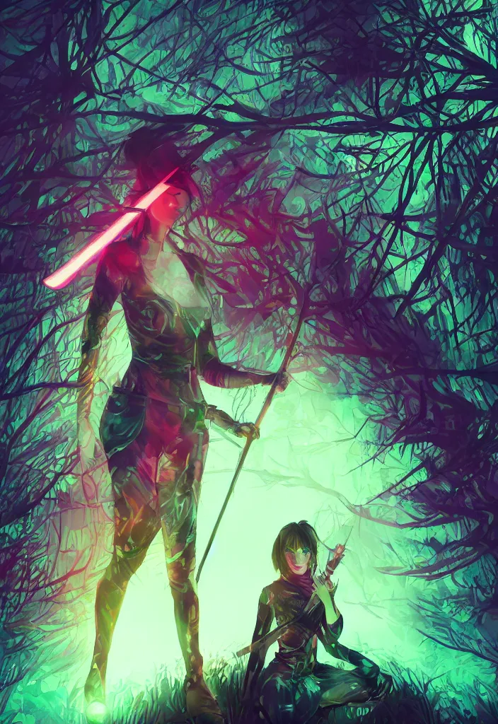 Image similar to , woman with illuminated neon katana in the forest at night, closeup , digital effects fantasy ,digital art, illustration, award winning, professional, stylized, cel shaded