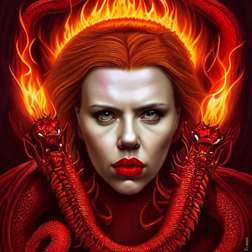 Prompt: demonic hell doom portrait of scarlett johansson as queen of hell, fire and flame, big long hell serpent dragon octopus, Pixar style, by Tristan Eaton Stanley Artgerm and Tom Bagshaw.