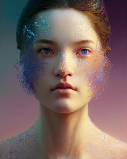 Prompt: fantasy instrument of life, fractal crystal, beauty portrait by wlop, james jean, victo ngai, beautifully lit, muted colors, highly detailed, artstation, long hair, fantasy art by craig mullins, thomas kinkade